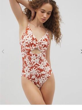 Rust Floral One-Piece Swimsuit with Front Twist